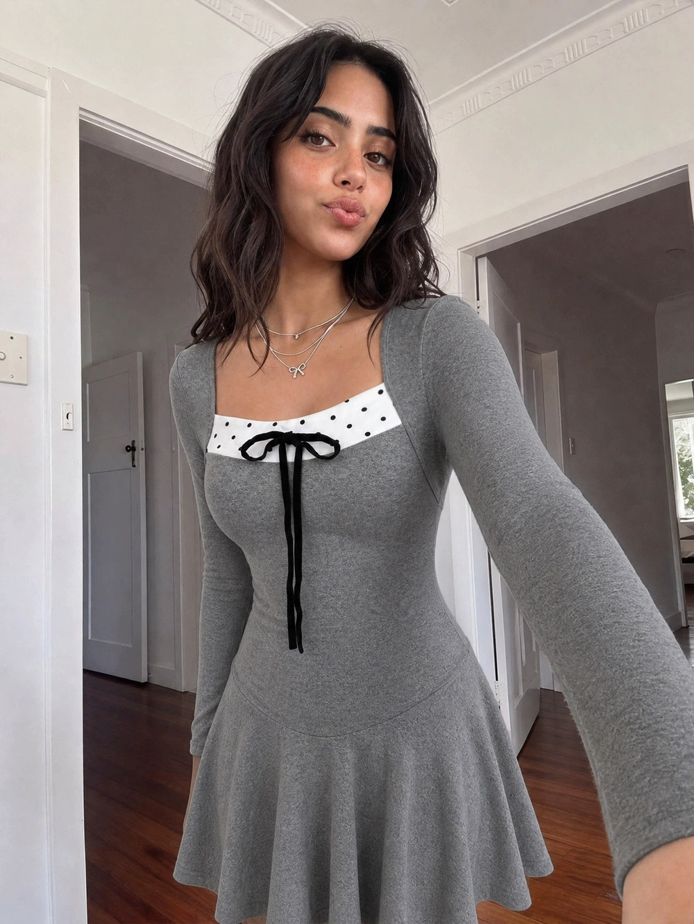 ZARA Polka Dot Square Neck Long Sleeve Patchwork Tie Waist Slim Mini Dress